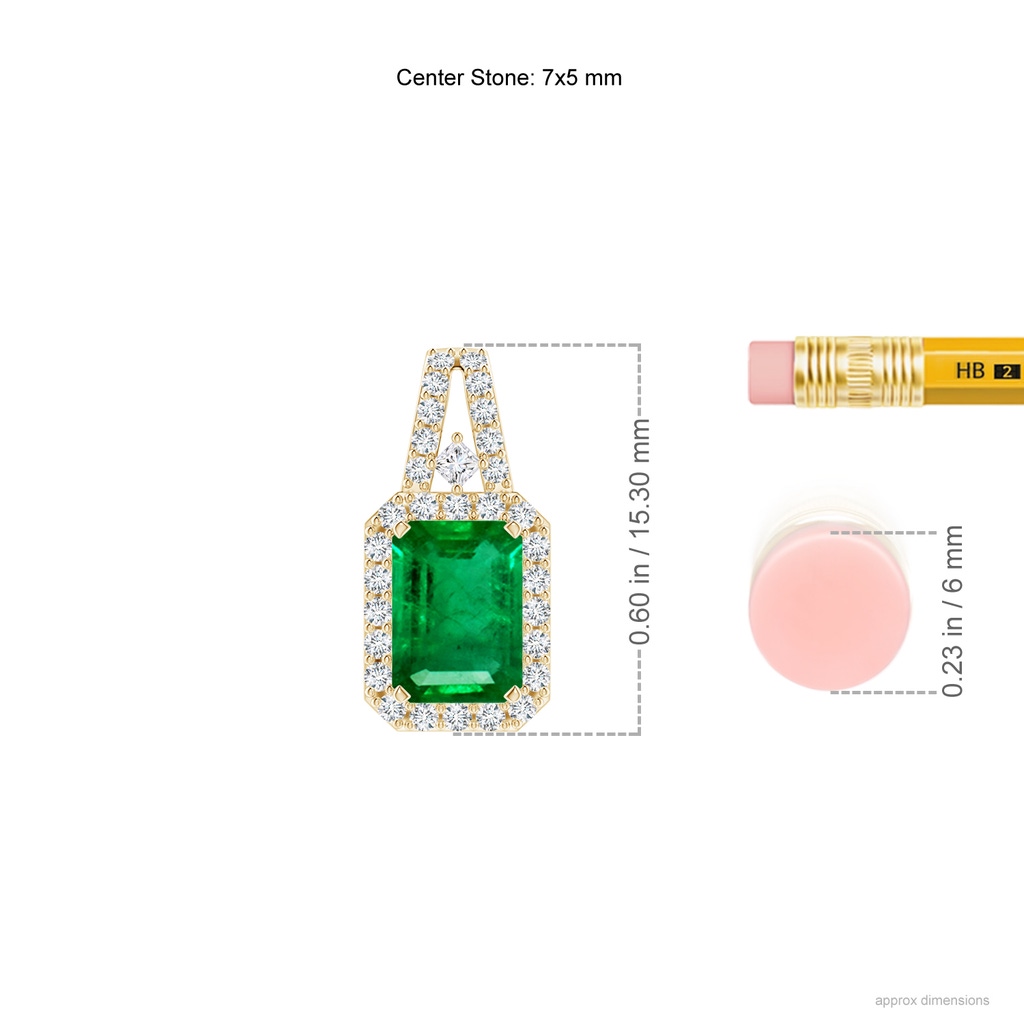 7x5mm AAA Emerald-Cut Emerald Halo Pendant in Yellow Gold ruler