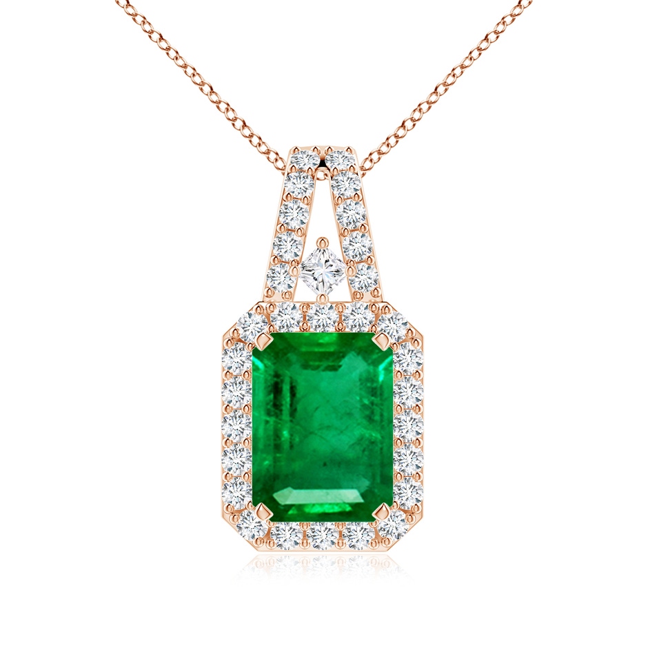 8x6mm AAA Emerald-Cut Emerald Halo Pendant in Rose Gold 
