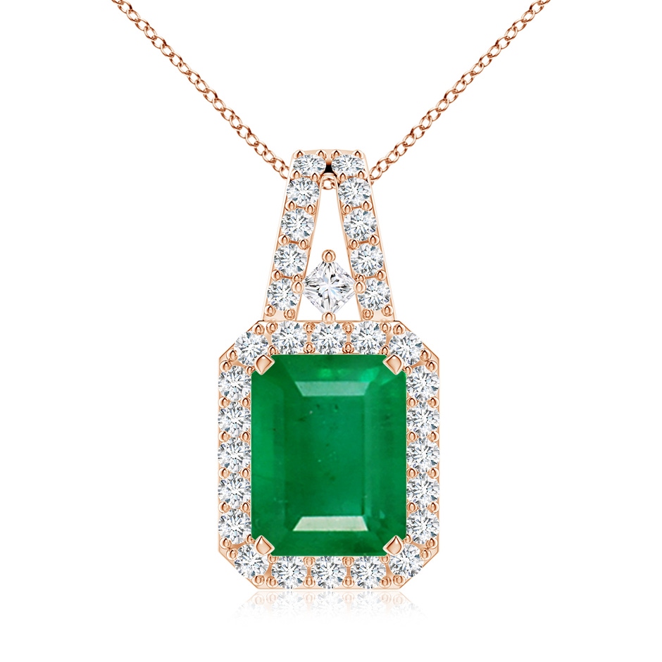 9x7mm AA Emerald-Cut Emerald Halo Pendant in Rose Gold 