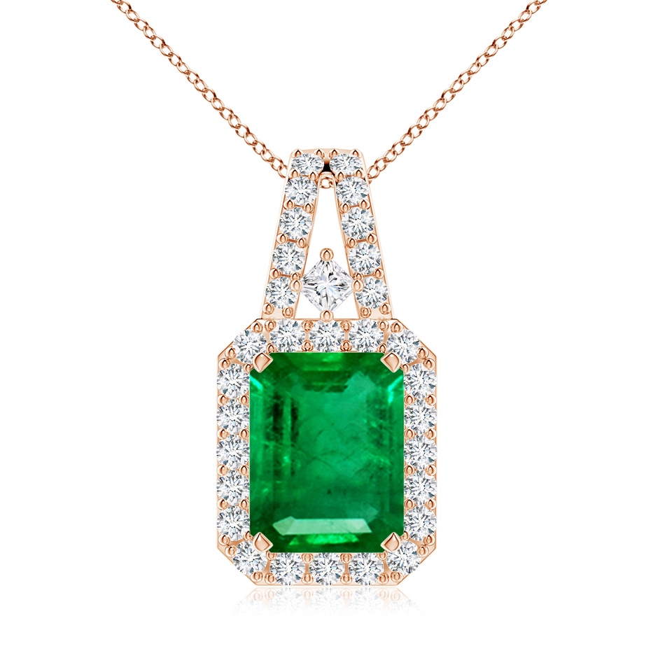 9x7mm AAA Emerald-Cut Emerald Halo Pendant in Rose Gold 
