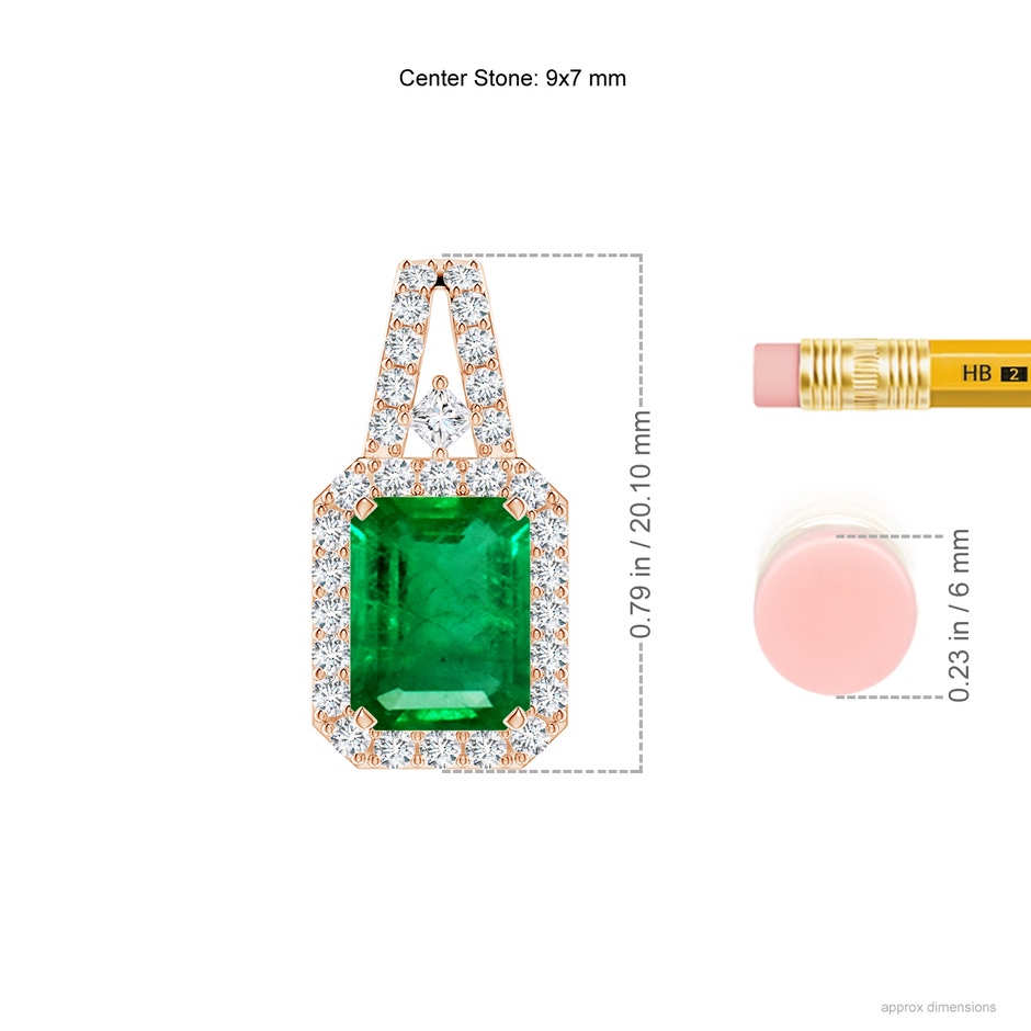 9x7mm AAA Emerald-Cut Emerald Halo Pendant in Rose Gold ruler