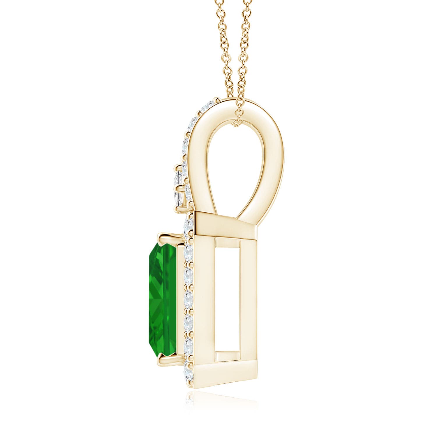9x7mm AAA Emerald-Cut Emerald Halo Pendant in Yellow Gold