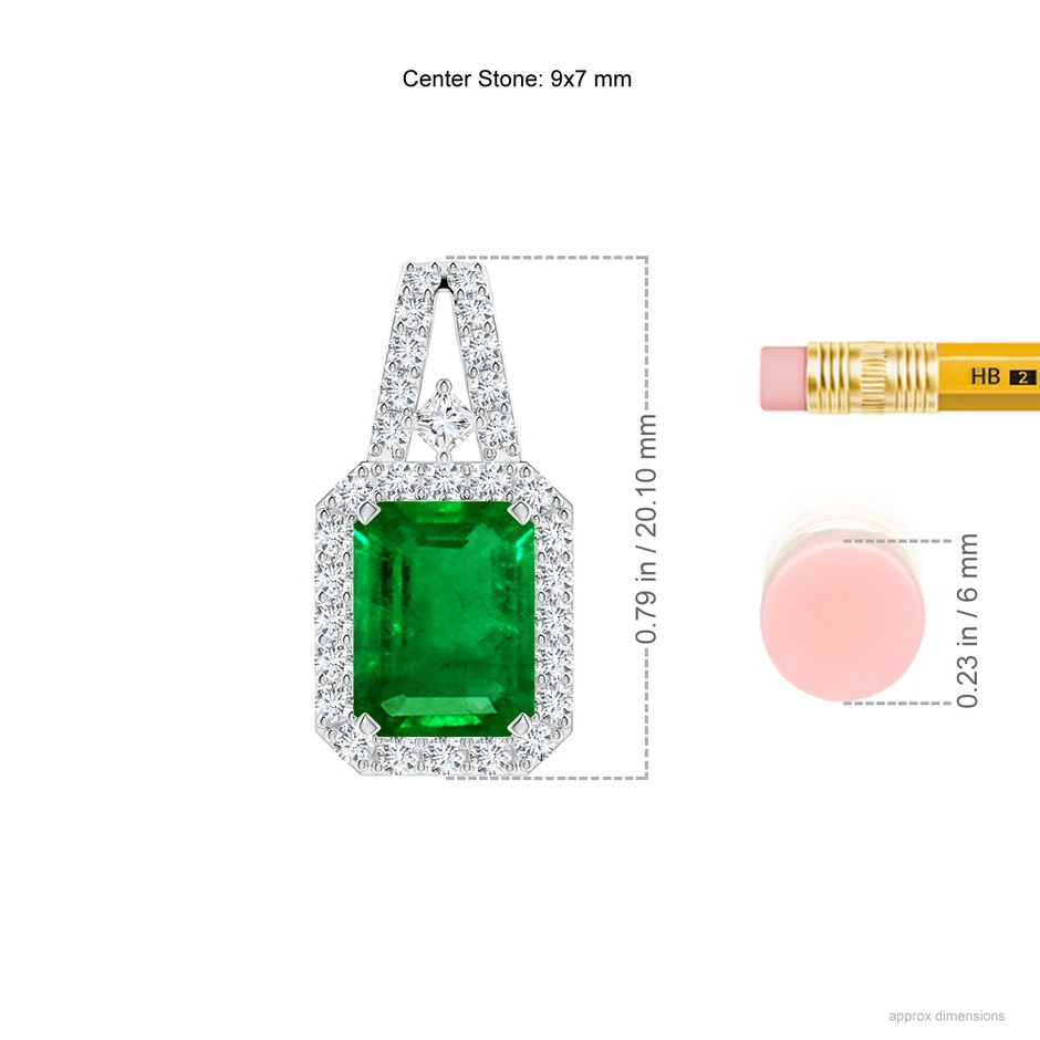 9x7mm AAAA Emerald-Cut Emerald Halo Pendant in P950 Platinum ruler