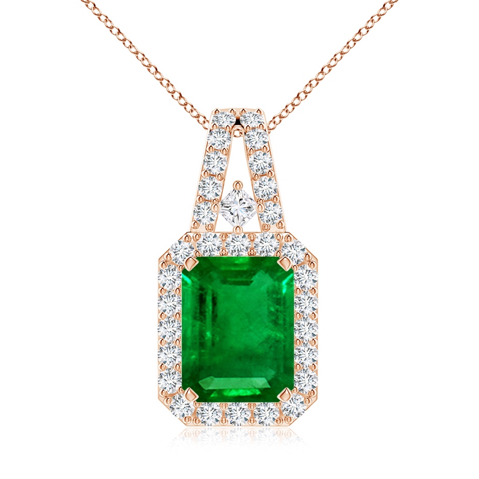 9x7mm AAAA Emerald-Cut Emerald Halo Pendant in Rose Gold 
