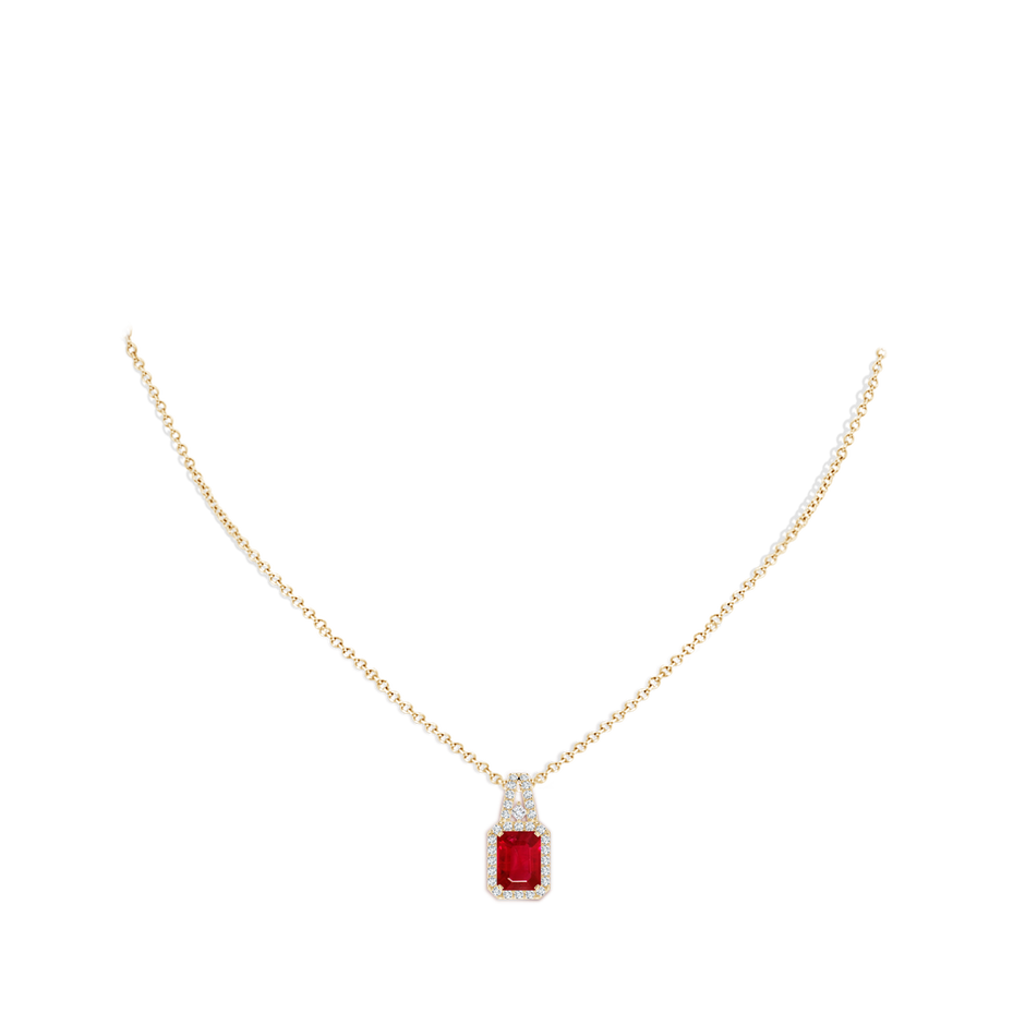 8x6mm AAA Emerald-Cut Ruby Halo Pendant in Yellow Gold pen