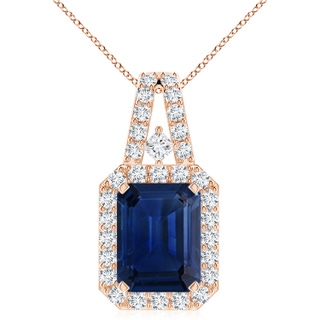 10x8mm AAA Emerald-Cut Blue Sapphire Halo Pendant in Rose Gold