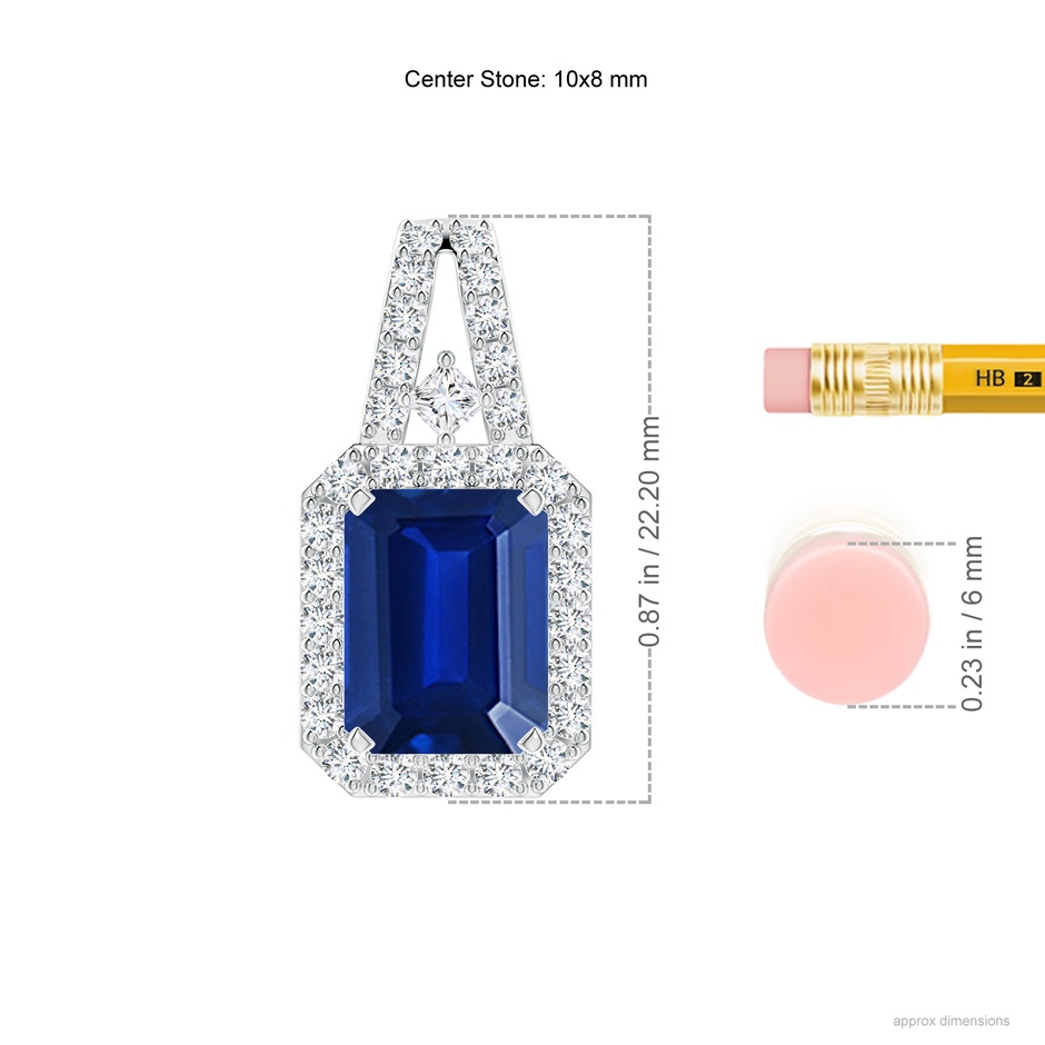 10x8mm Lab-Grown Emerald-Cut Blue Sapphire Halo Pendant in P950 Platinum ruler