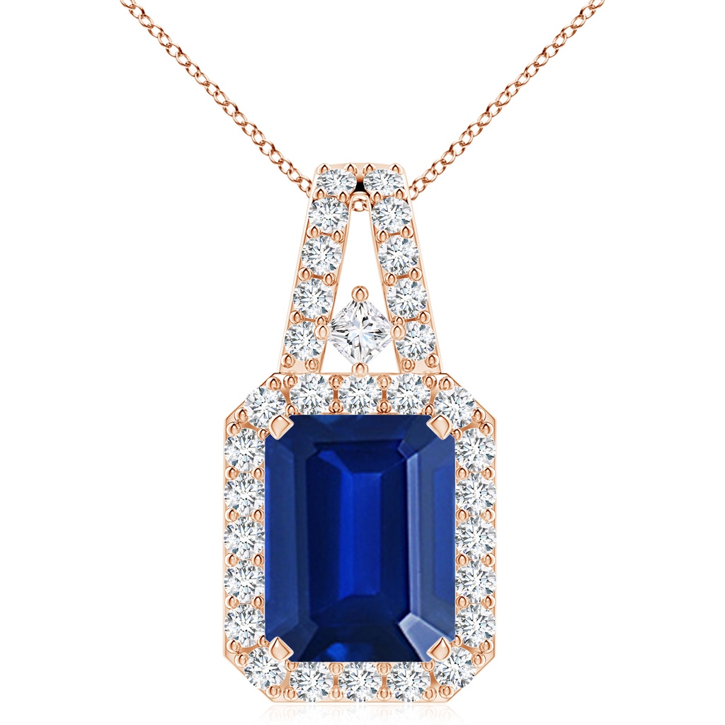 10x8mm Lab-Grown Emerald-Cut Blue Sapphire Halo Pendant in Rose Gold