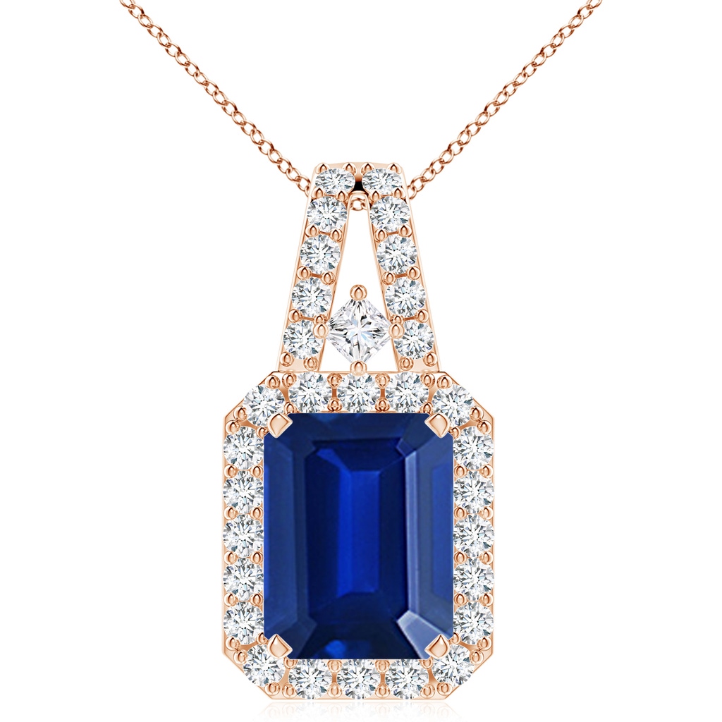 10x8mm AAAA Emerald-Cut Blue Sapphire Halo Pendant in Rose Gold