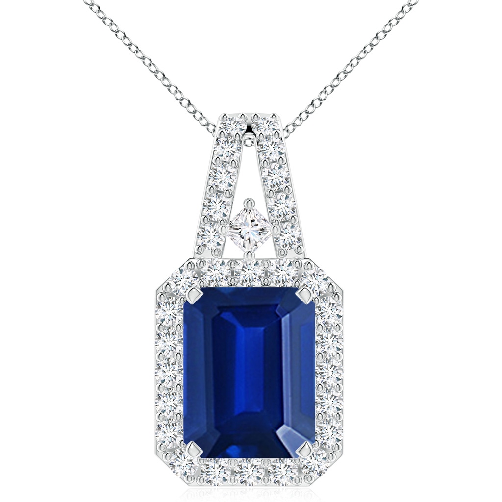 10x8mm AAAA Emerald-Cut Blue Sapphire Halo Pendant in S999 Silver