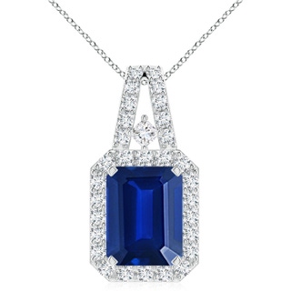 10x8mm Lab-Grown Emerald-Cut Blue Sapphire Halo Pendant in S999 Silver