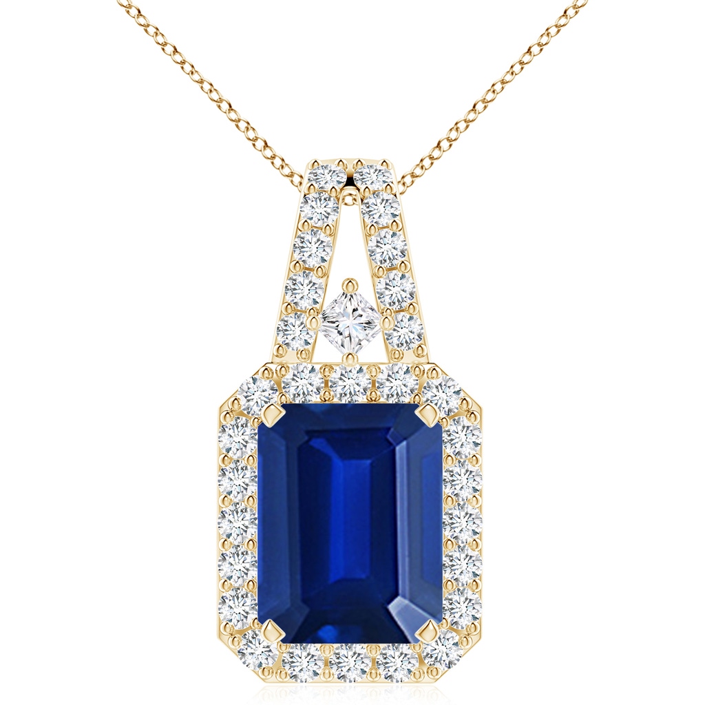 10x8mm Lab-Grown Emerald-Cut Blue Sapphire Halo Pendant in Yellow Gold
