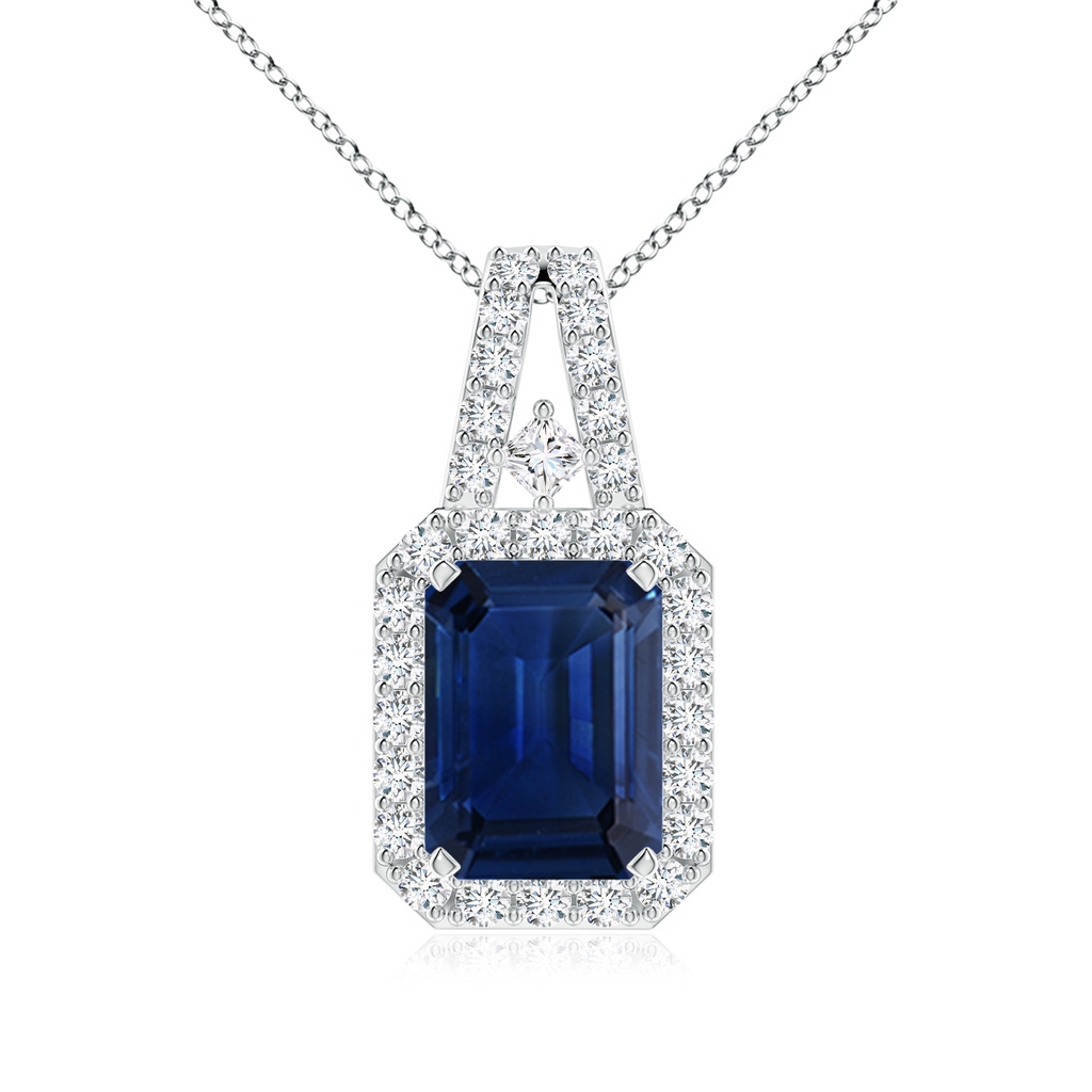8x6mm AAA Emerald-Cut Blue Sapphire Halo Pendant in White Gold