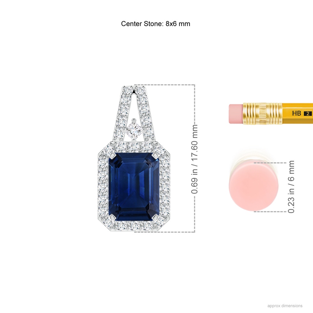 8x6mm AAA Emerald-Cut Blue Sapphire Halo Pendant in White Gold ruler