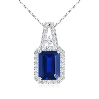 8x6mm Lab-Grown Emerald-Cut Blue Sapphire Halo Pendant in S999 Silver