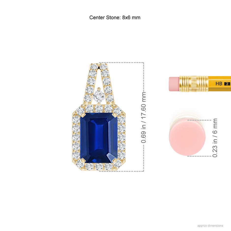 8x6mm Lab-Grown Emerald-Cut Blue Sapphire Halo Pendant in Yellow Gold ruler