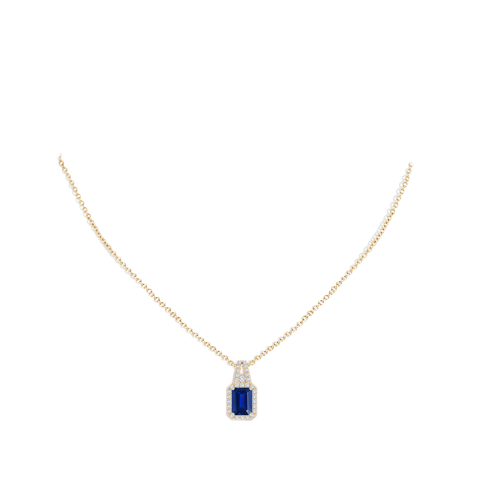 8x6mm Lab-Grown Emerald-Cut Blue Sapphire Halo Pendant in Yellow Gold pen