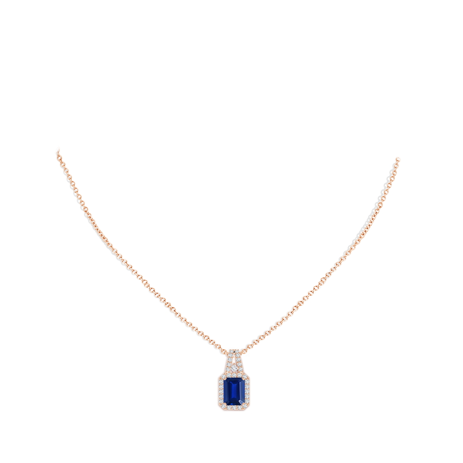 9x7mm Lab-Grown Emerald-Cut Blue Sapphire Halo Pendant in Rose Gold pen