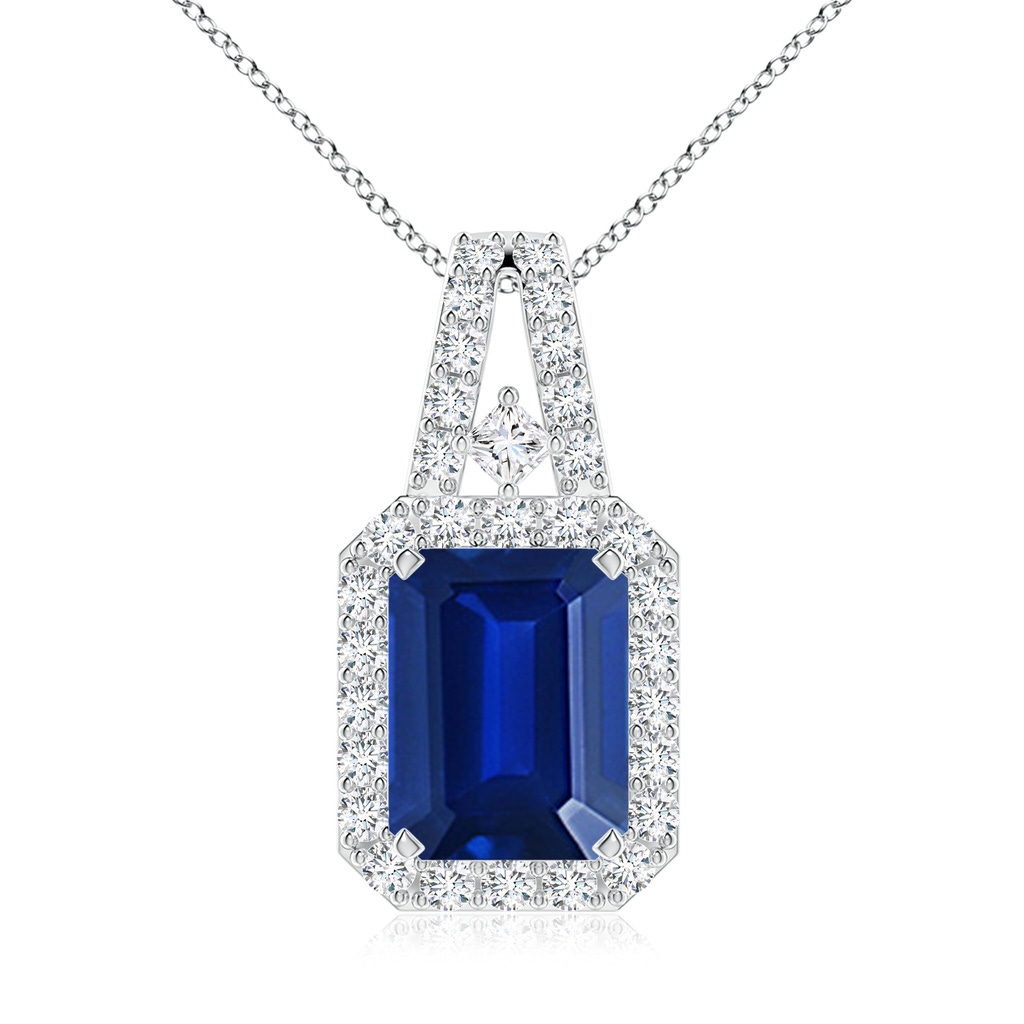 9x7mm Lab-Grown Emerald-Cut Blue Sapphire Halo Pendant in White Gold