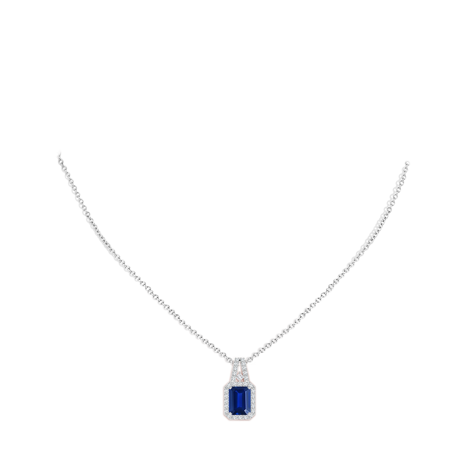 9x7mm Lab-Grown Emerald-Cut Blue Sapphire Halo Pendant in White Gold pen