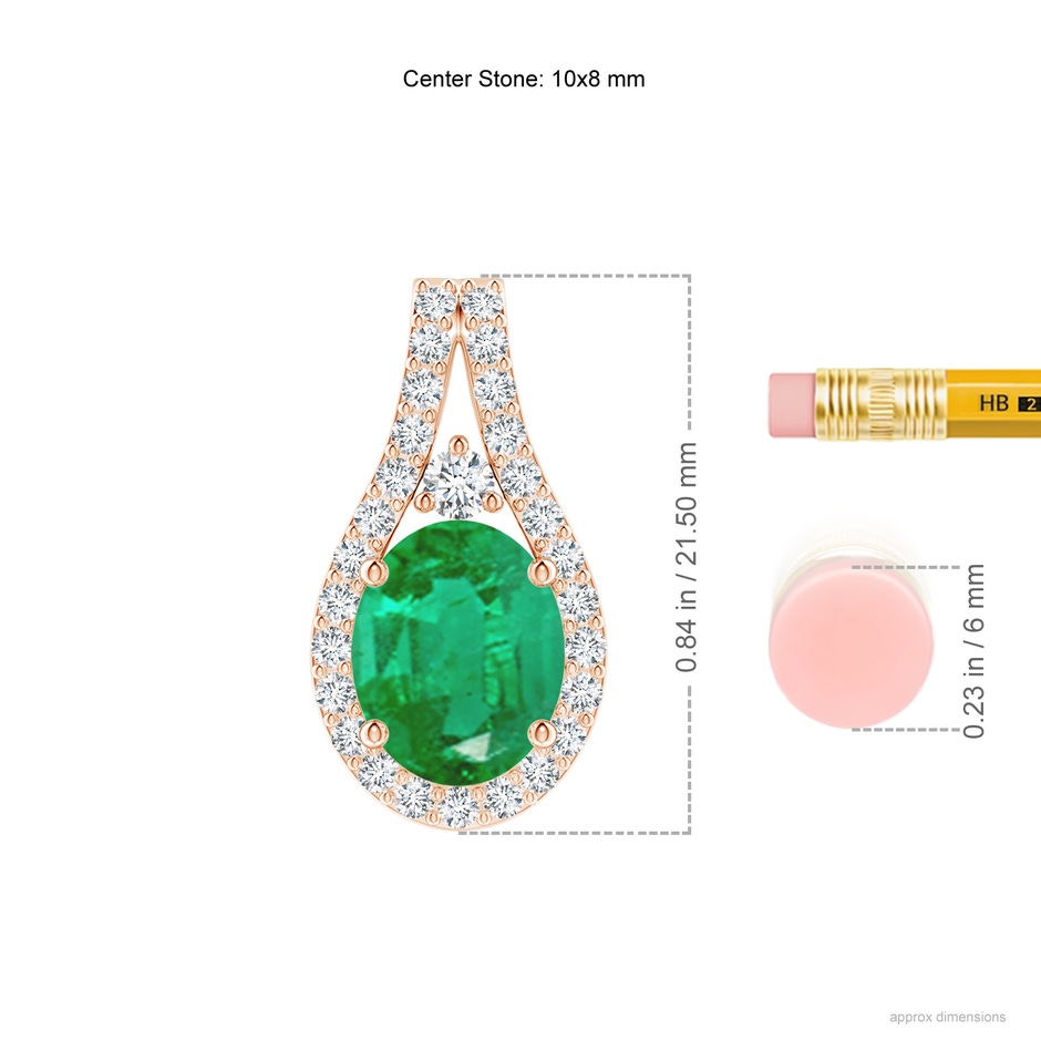 10x8mm AA Classic Emerald and Diamond Halo Pendant in Rose Gold ruler