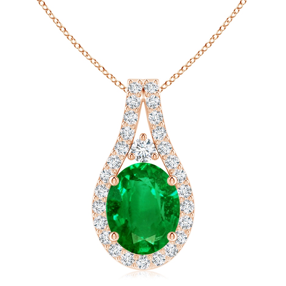 10x8mm AAAA Classic Emerald and Diamond Halo Pendant in Rose Gold 