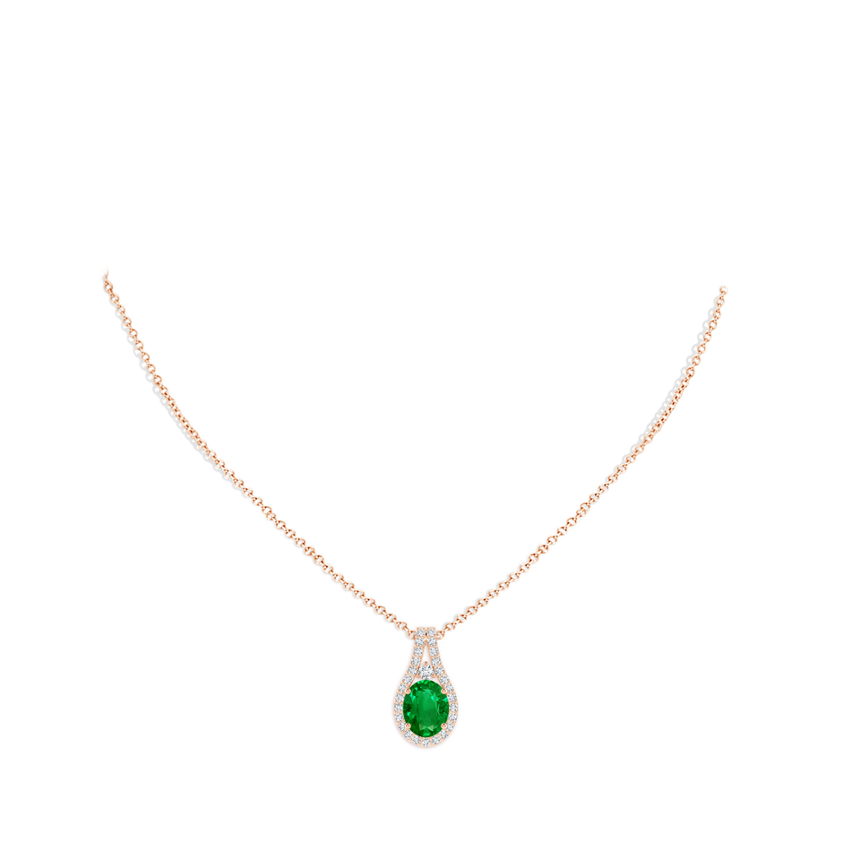 10x8mm AAAA Classic Emerald and Diamond Halo Pendant in Rose Gold pen