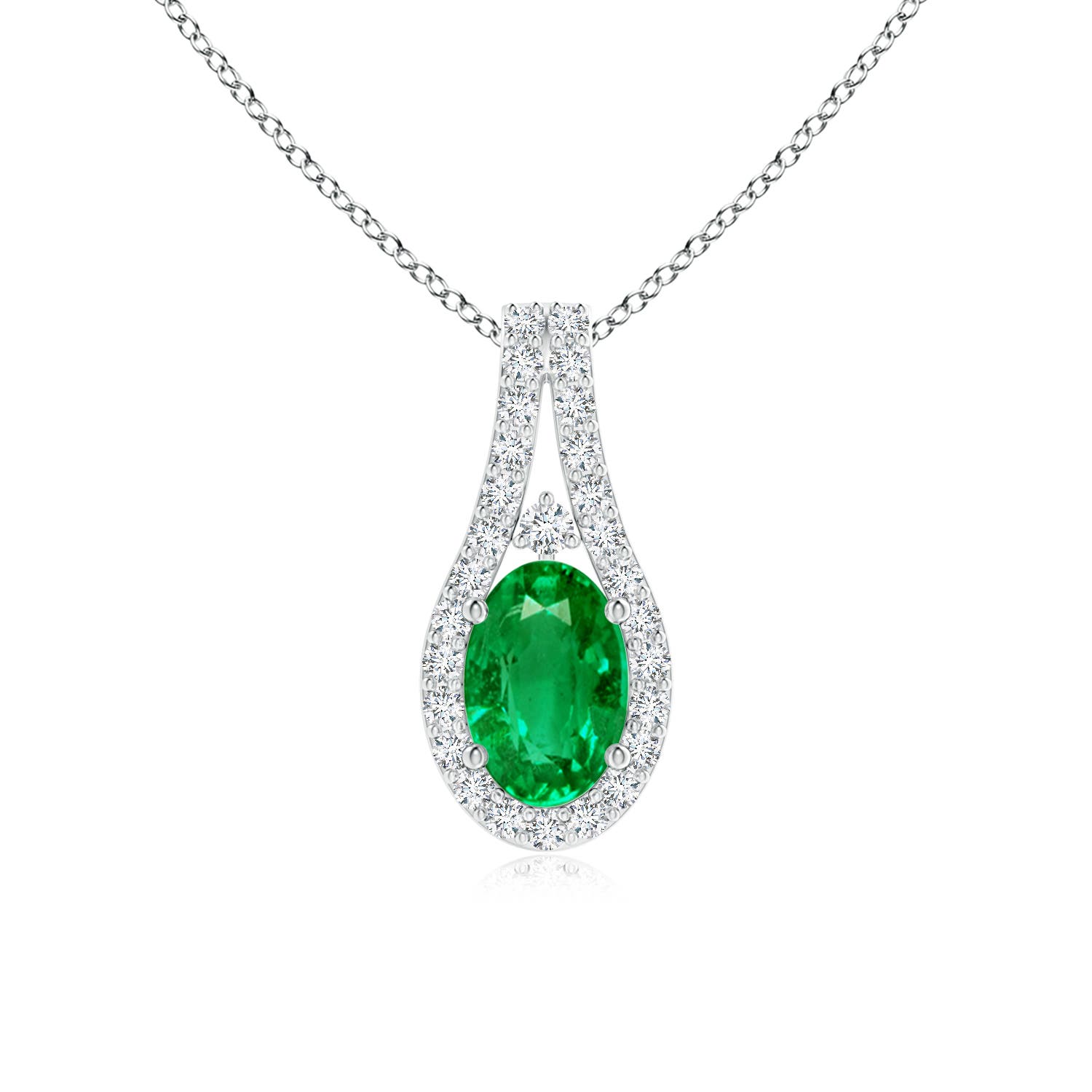 6x4mm AAA Classic Emerald and Diamond Halo Pendant in 18K White Gold