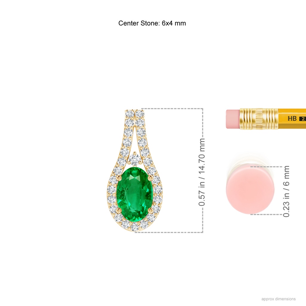 6x4mm AAA Classic Emerald and Diamond Halo Pendant in Yellow Gold ruler