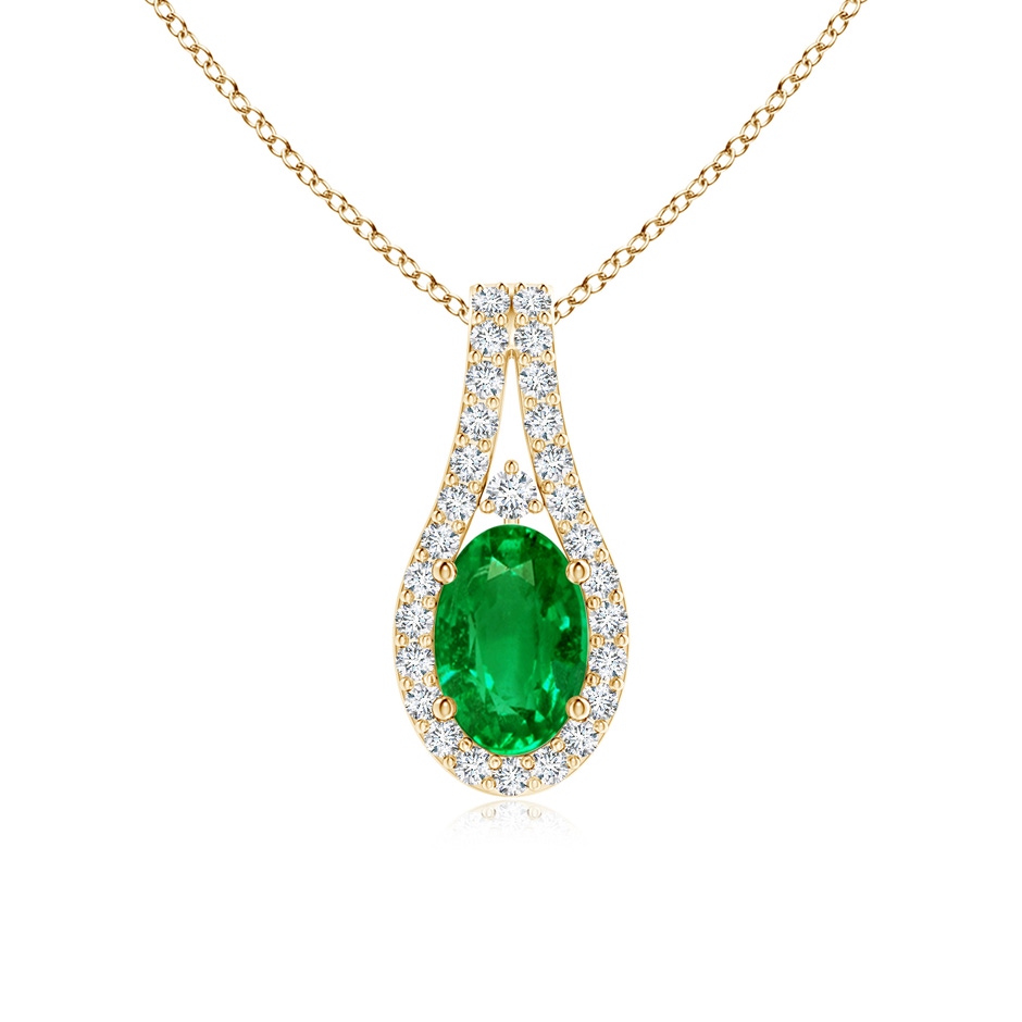 6x4mm AAAA Classic Emerald and Diamond Halo Pendant in Yellow Gold 