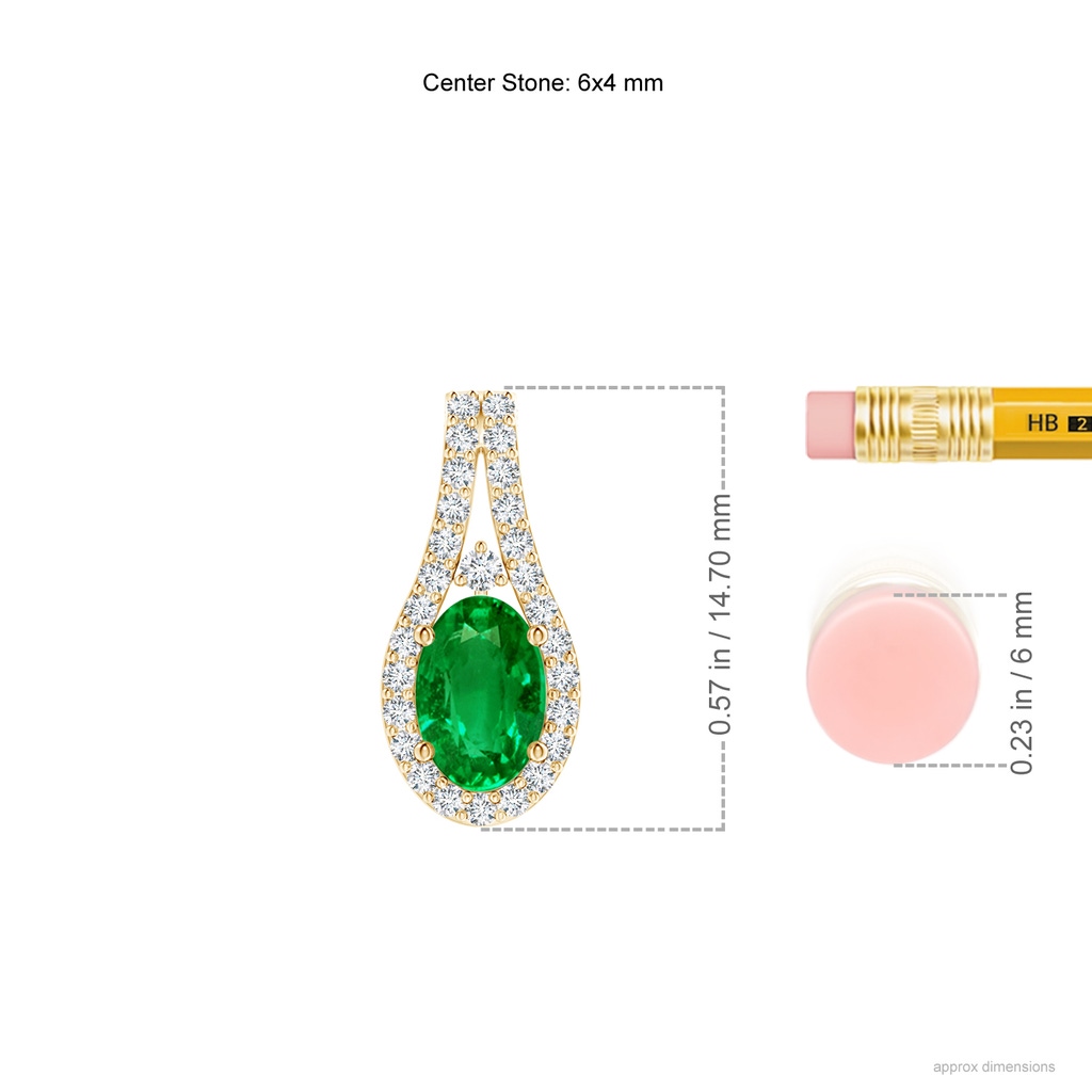 6x4mm AAAA Classic Emerald and Diamond Halo Pendant in Yellow Gold ruler