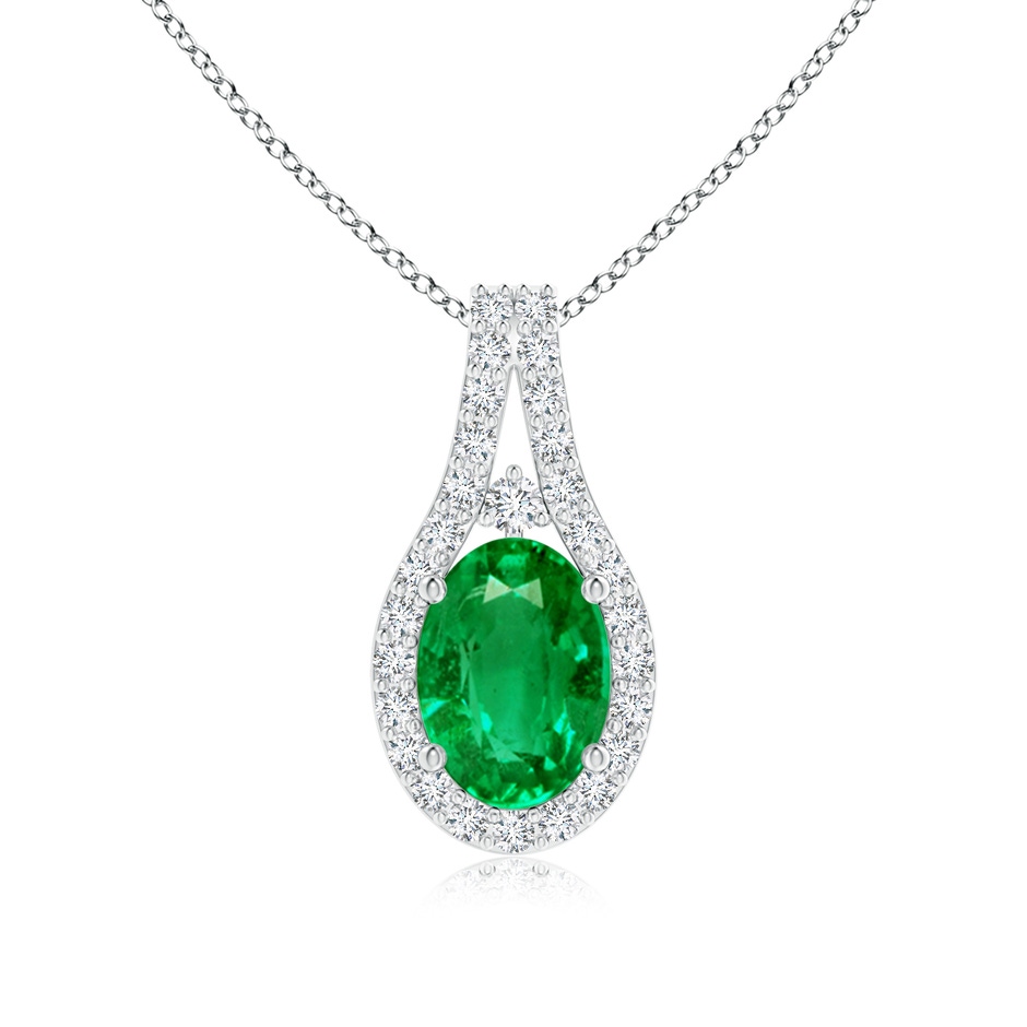 7x5mm AAA Classic Emerald and Diamond Halo Pendant in White Gold 