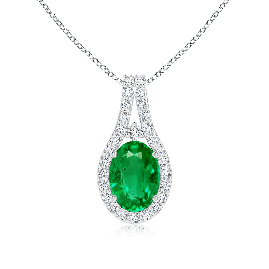 7x5mm AAA Classic Emerald and Diamond Halo Pendant in White Gold