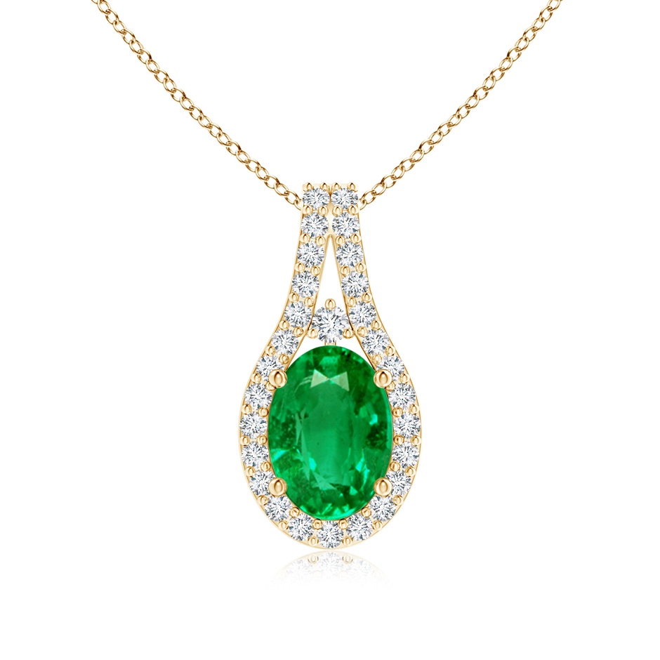 7x5mm AAA Classic Emerald and Diamond Halo Pendant in Yellow Gold 