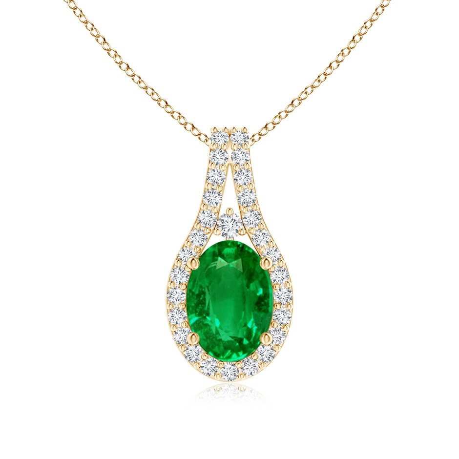 7x5mm AAAA Classic Emerald and Diamond Halo Pendant in Yellow Gold 