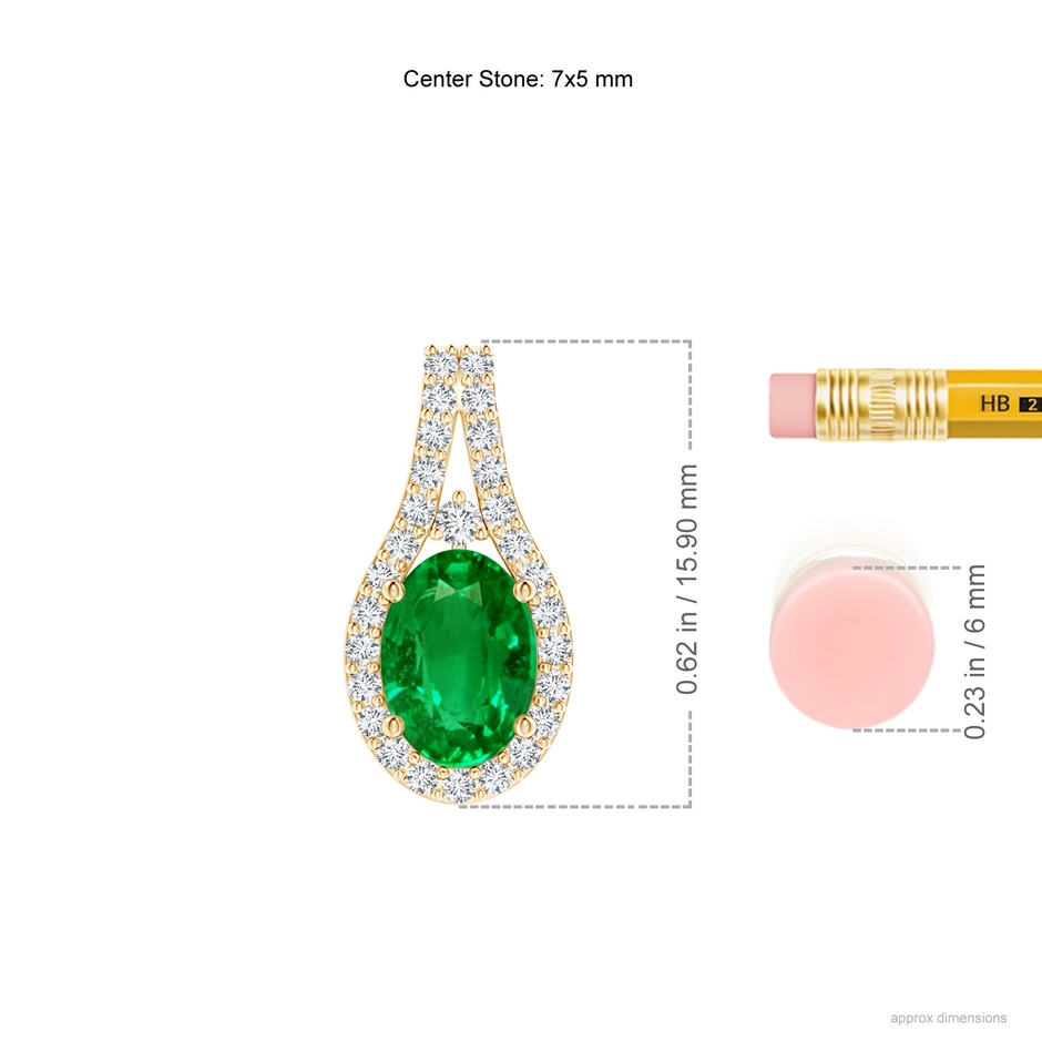 7x5mm AAAA Classic Emerald and Diamond Halo Pendant in Yellow Gold ruler