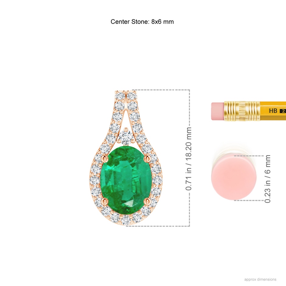 8x6mm AA Classic Emerald and Diamond Halo Pendant in Rose Gold ruler