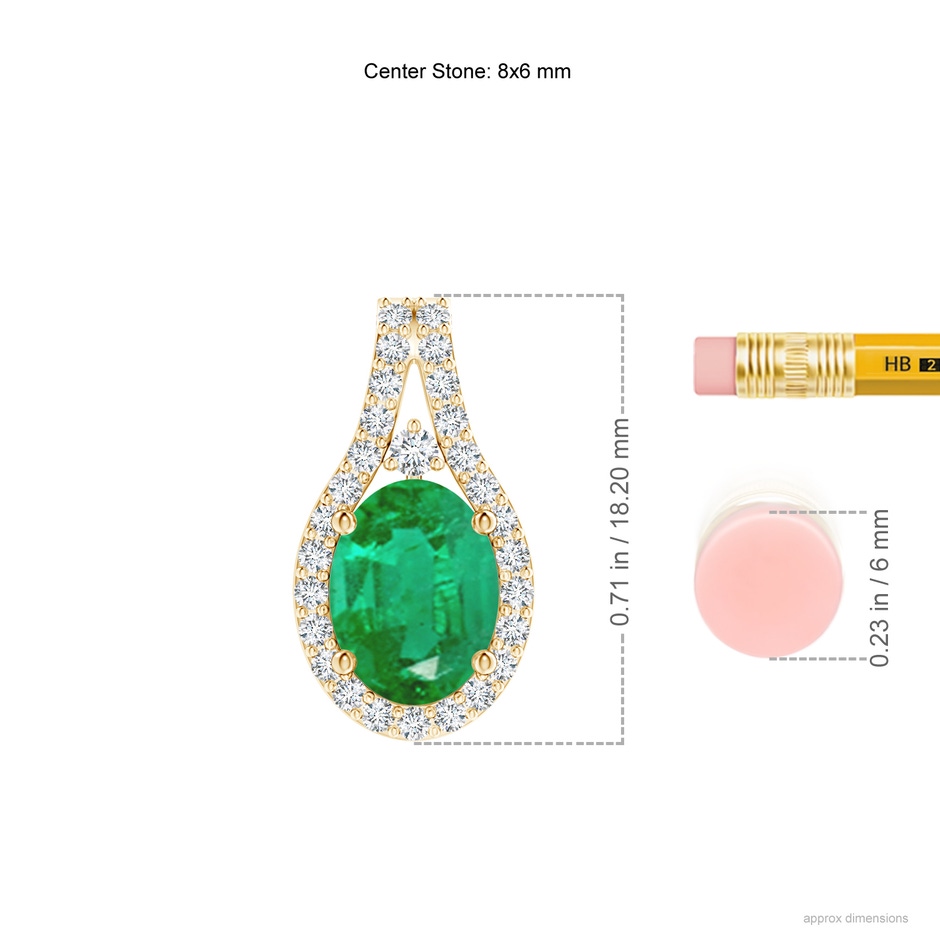 8x6mm AA Classic Emerald and Diamond Halo Pendant in Yellow Gold ruler