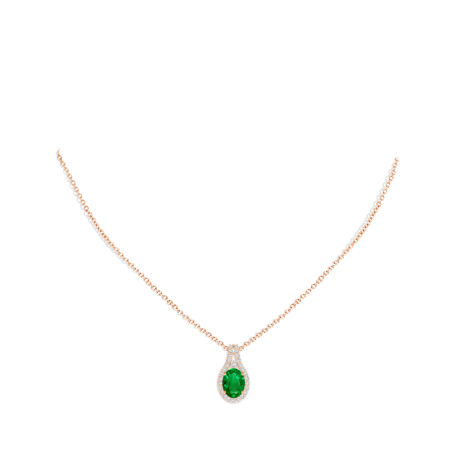 8x6mm AAAA Classic Emerald and Diamond Halo Pendant in Rose Gold pen