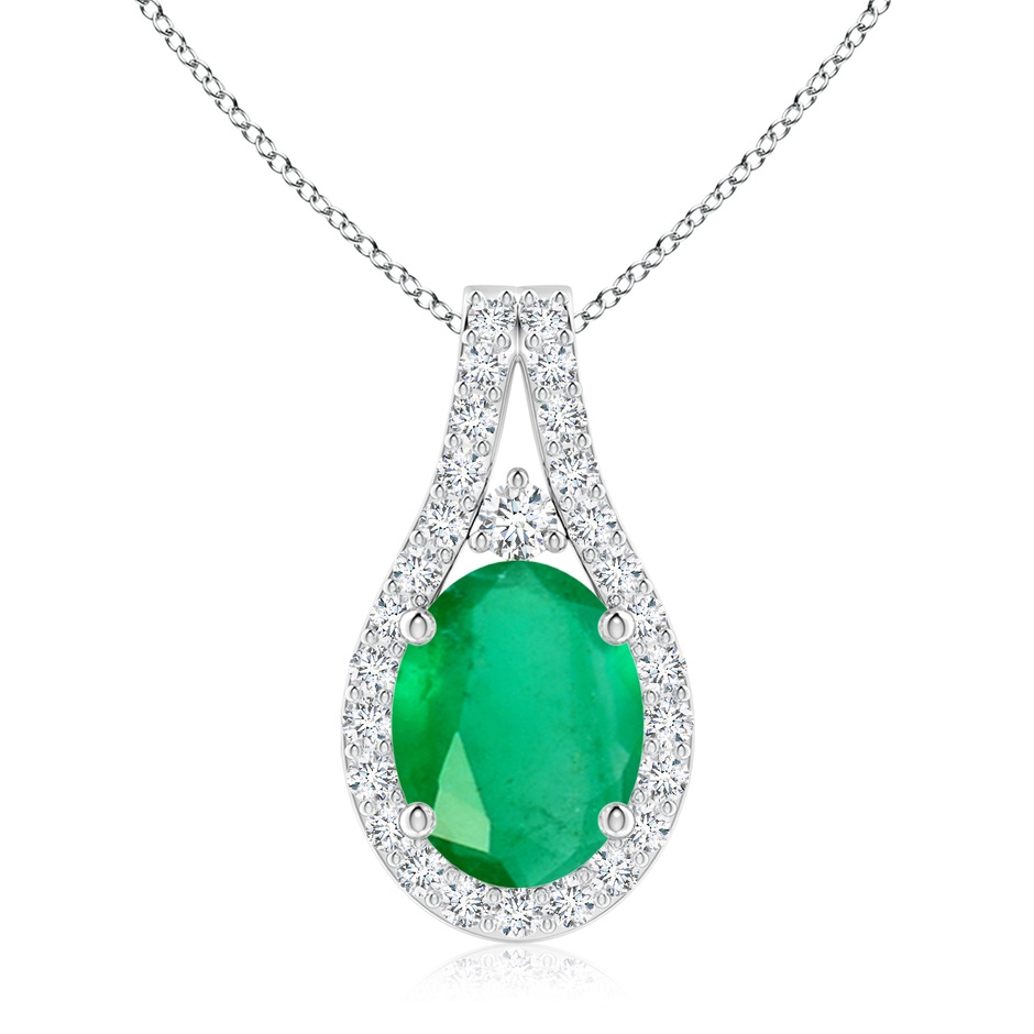 9x7mm A Classic Emerald and Diamond Halo Pendant in White Gold 