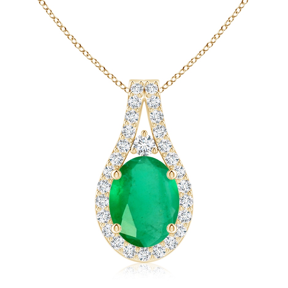9x7mm A Classic Emerald and Diamond Halo Pendant in Yellow Gold 