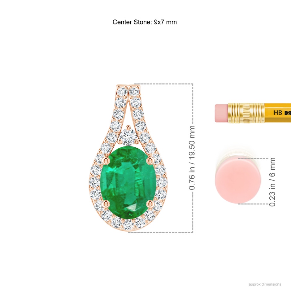 9x7mm AA Classic Emerald and Diamond Halo Pendant in Rose Gold ruler