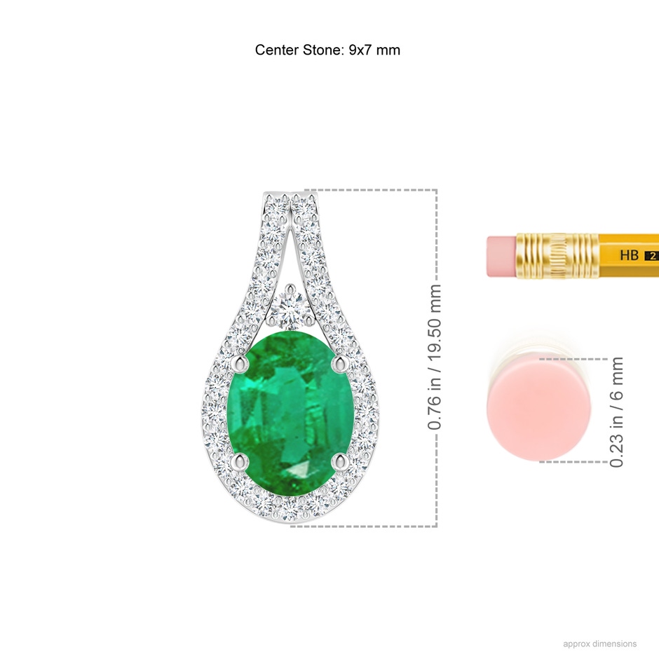 9x7mm AA Classic Emerald and Diamond Halo Pendant in White Gold ruler