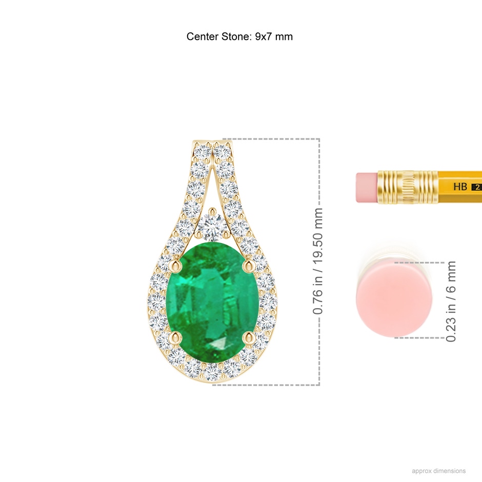 9x7mm AA Classic Emerald and Diamond Halo Pendant in Yellow Gold ruler