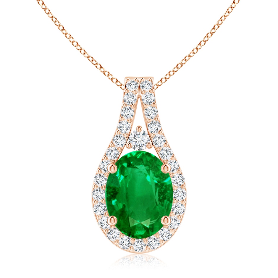 9x7mm AAAA Classic Emerald and Diamond Halo Pendant in Rose Gold 
