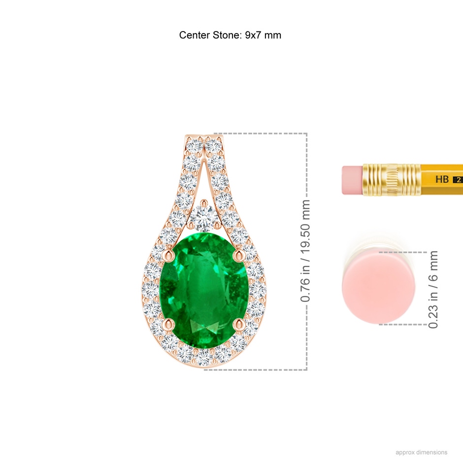 9x7mm AAAA Classic Emerald and Diamond Halo Pendant in Rose Gold ruler