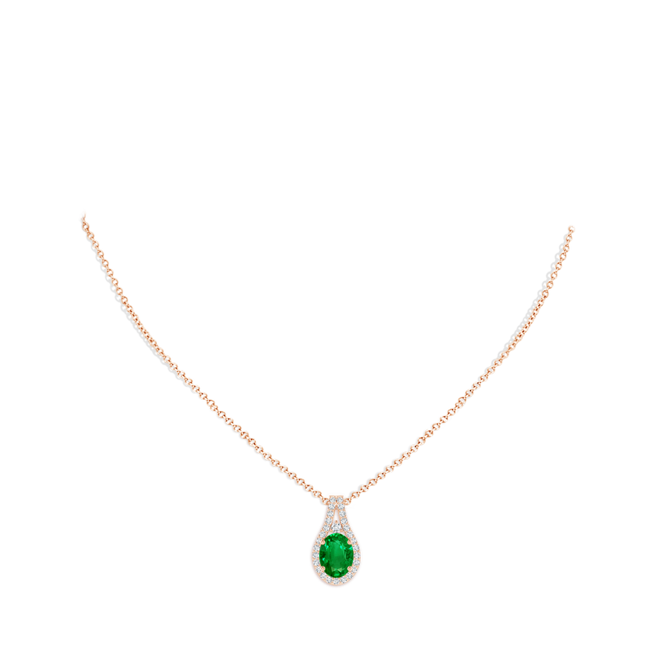 9x7mm AAAA Classic Emerald and Diamond Halo Pendant in Rose Gold pen