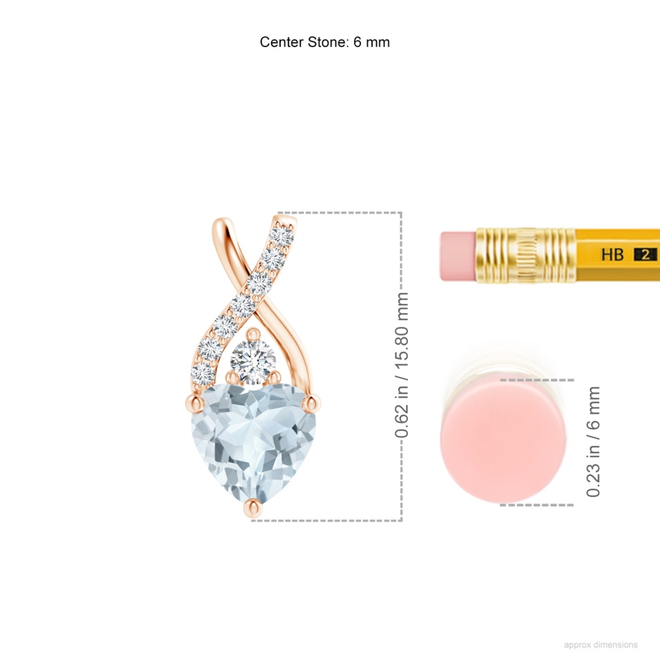 6mm A Solitaire Heart Aquamarine Pendant with Twisted Diamond Bale in Rose Gold ruler