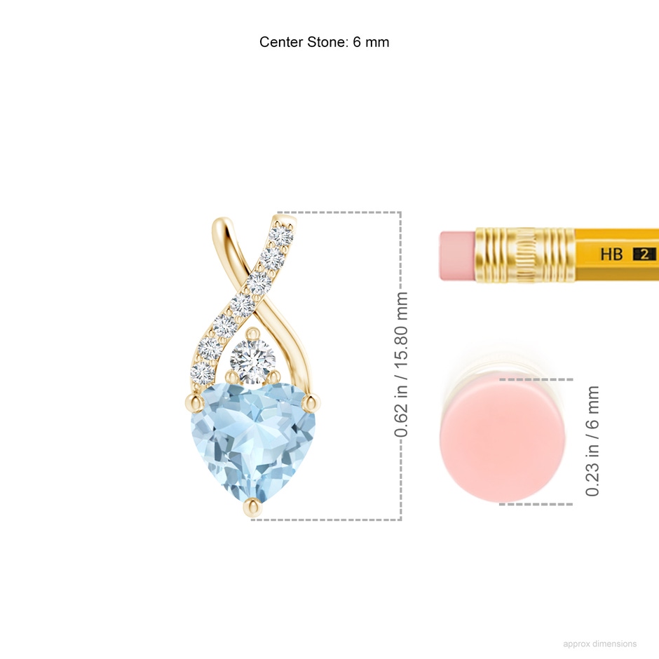 6mm AA Solitaire Heart Aquamarine Pendant with Twisted Diamond Bale in Yellow Gold ruler