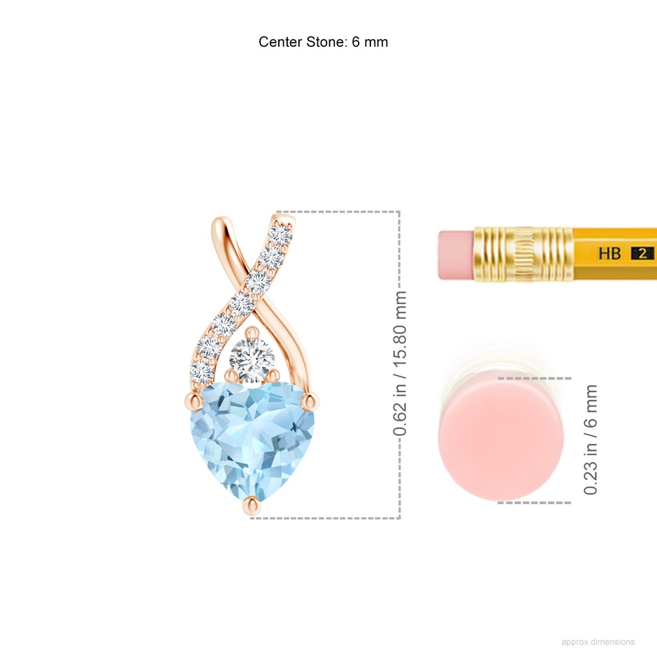 6mm AAA Solitaire Heart Aquamarine Pendant with Twisted Diamond Bale in Rose Gold ruler